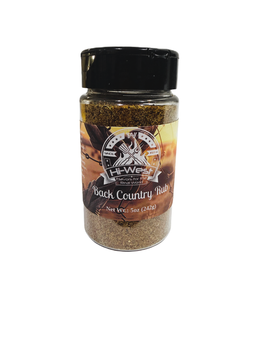 Hi-West Back Country Rub spice blend in a jar, seasoned seasoning and spice mix for grilling and outdoor cooking.