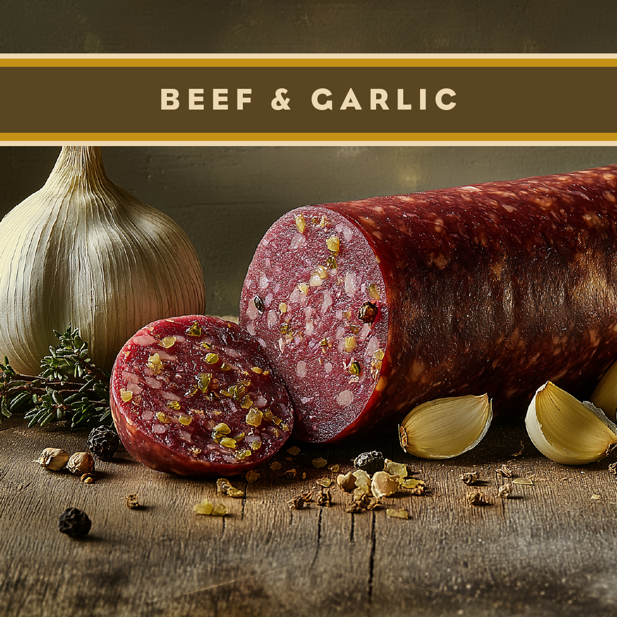 Artas'n Meats beef and garlic summer sausage, 12oz, sliced pieces showing seasoned, cured sausage with garlic flavor