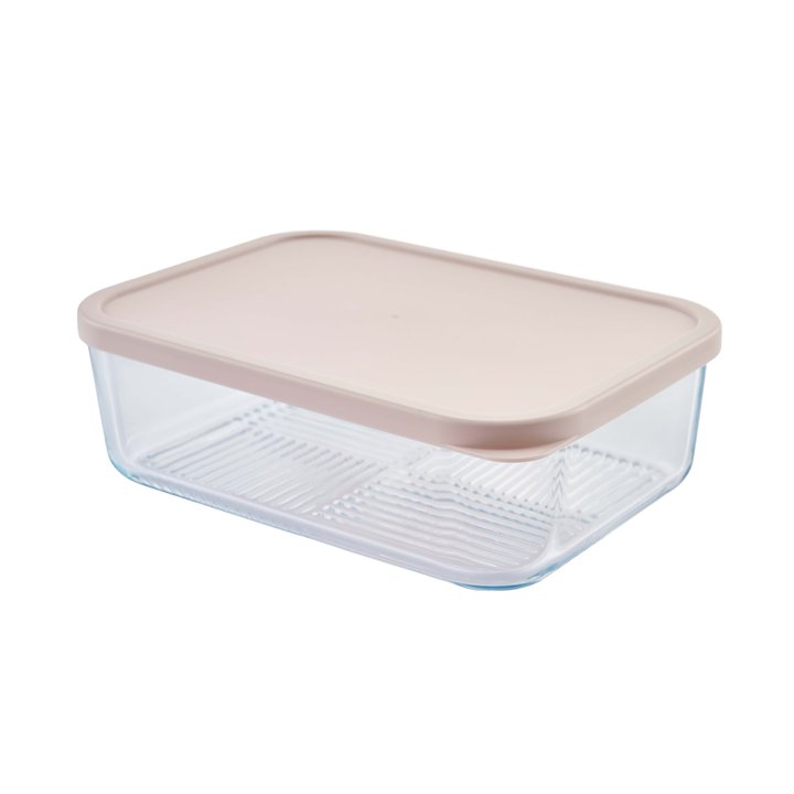 Set of four Dura Living glass food storage containers with airtight lids in berry blush, 57.5oz capacity each, for fresh food storage.