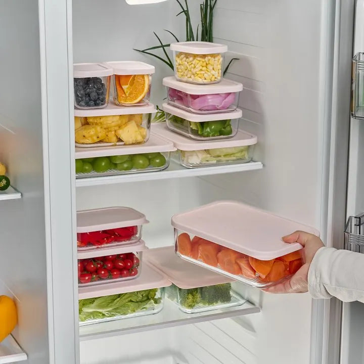 Dura Living 12-piece airtight glass food storage set with berry blush lids, featuring various sizes for kitchen organization.