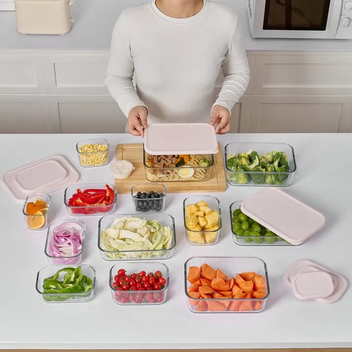 Set of Dura Living glass food storage containers with berry blush lids, 12 pieces in mixed 25.35oz and 40.57oz sizes, airtight.