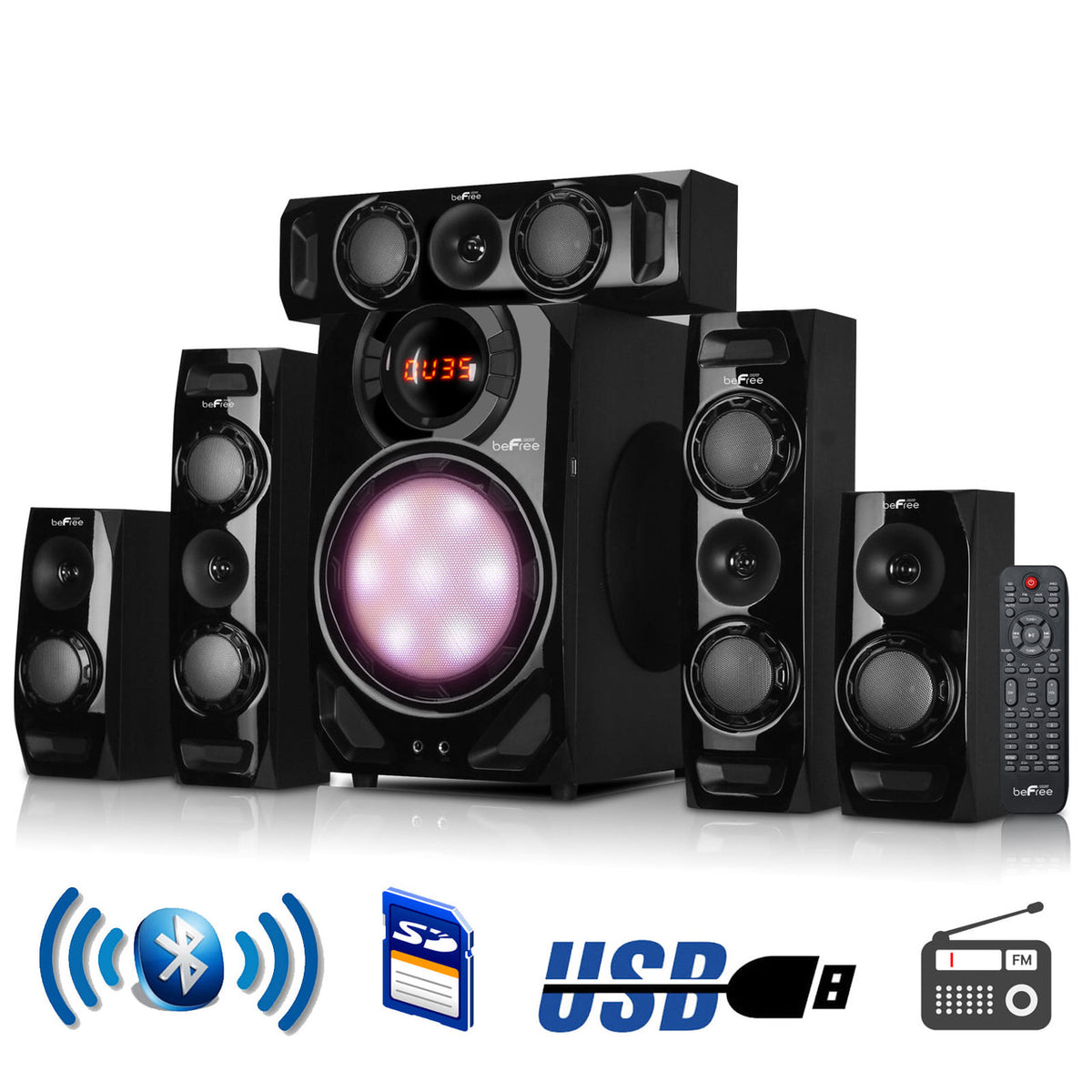 Black beFree Sound 5.1 channel Bluetooth home stereo speaker system with multiple speakers and a central control unit.