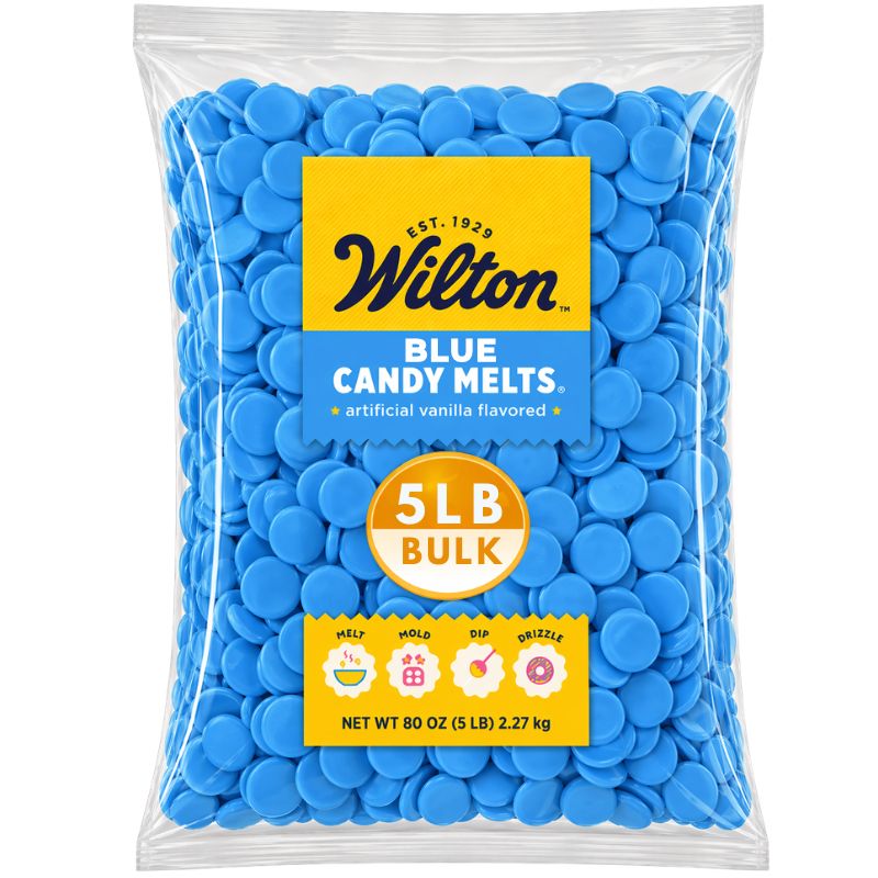 Blue Wilton chocolate confectionery melting wafers in a 5lb bulk bag by Candy In Bulk, perfect for decorating and coating treats.