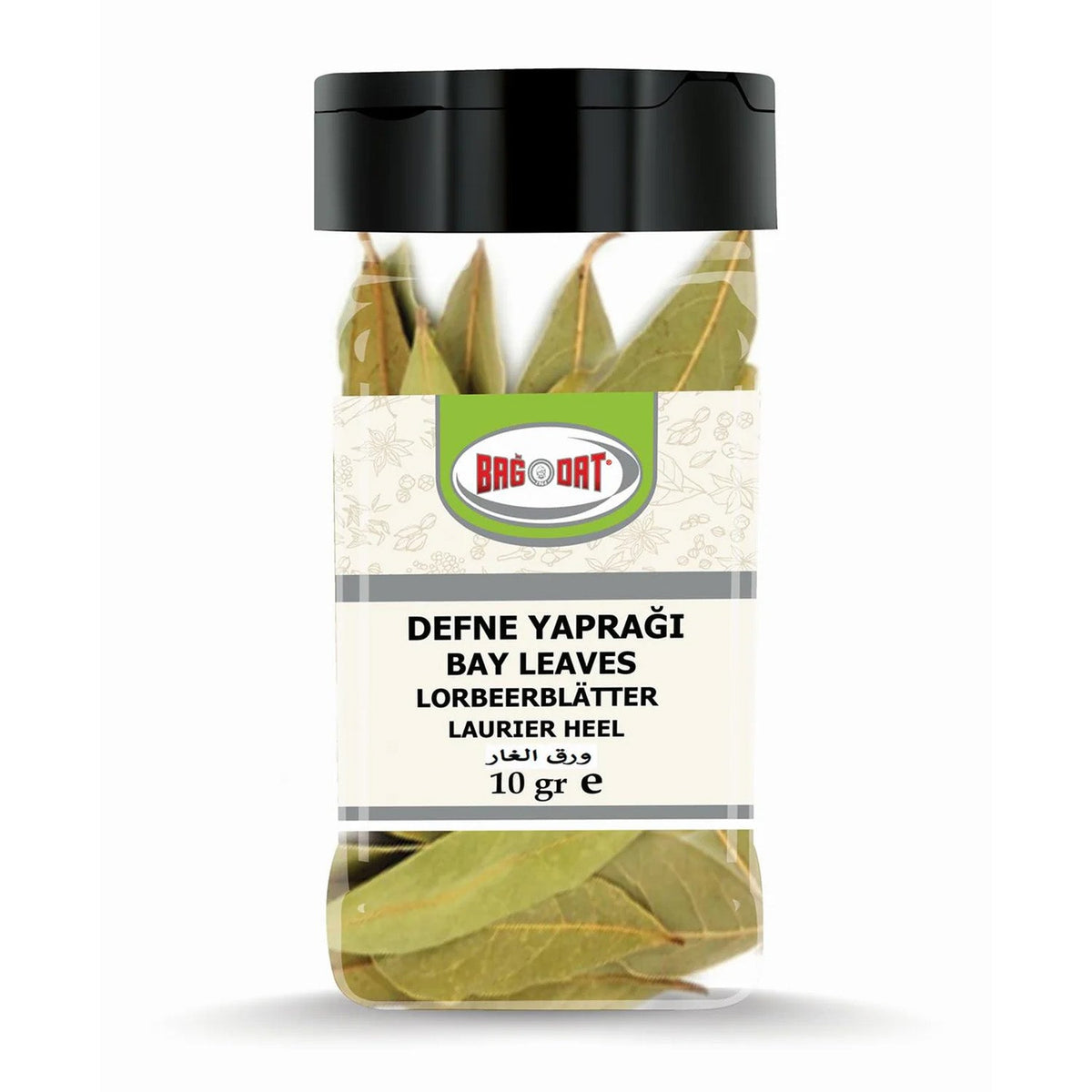 S101 Bagdat Bay Leaves 30, mixed spices and seasonings, close-up of dried bay leaves in a clear bag.