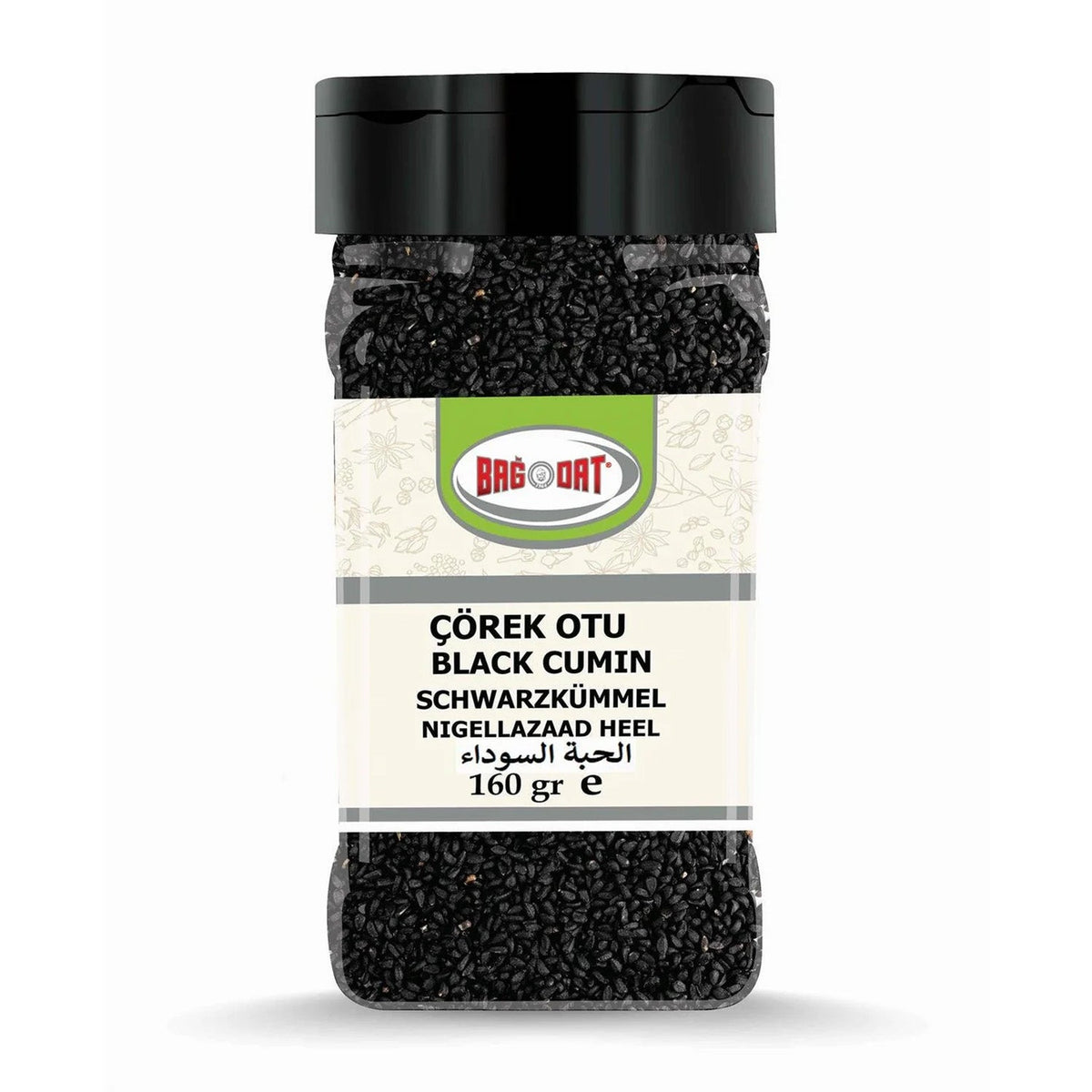 Bagdat black cumin spice in a 160g package from S101, showcasing a jar of mixed black cumin seeds for culinary use.