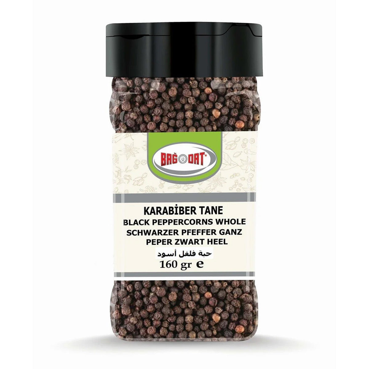 Whole black peppercorns in a 160g S101 Bagdat black pepper spice jar, showing the dark, textured peppercorns.