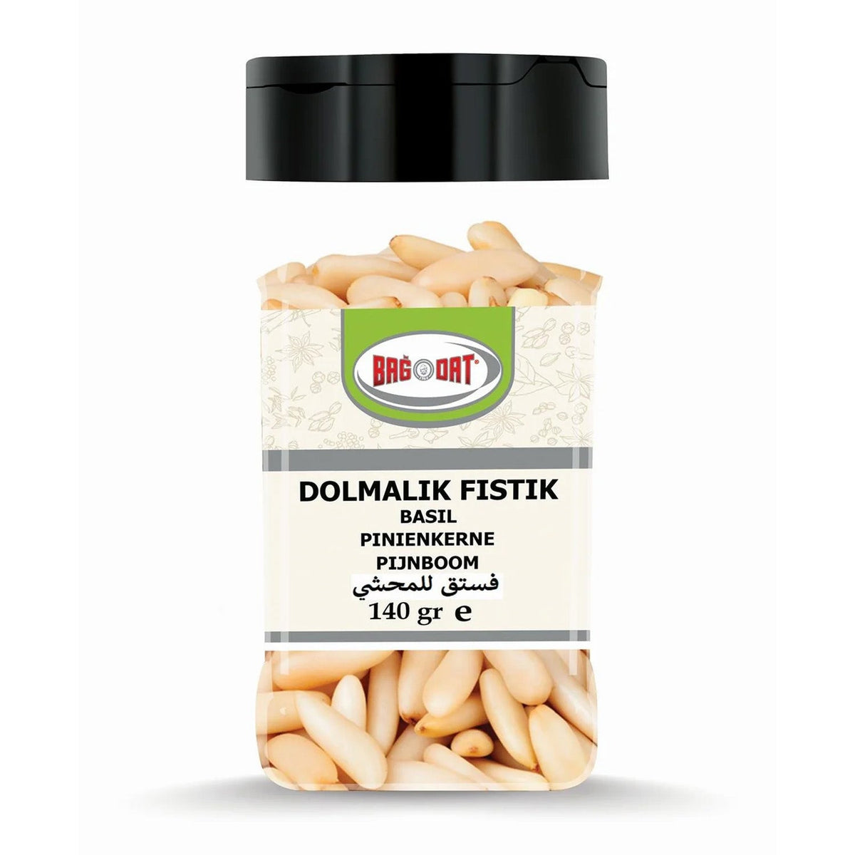 Mixed spices and seasonings including Bagdat Pine Nuts, 140g from S101, displayed in a clear bag with pine nuts visible inside.