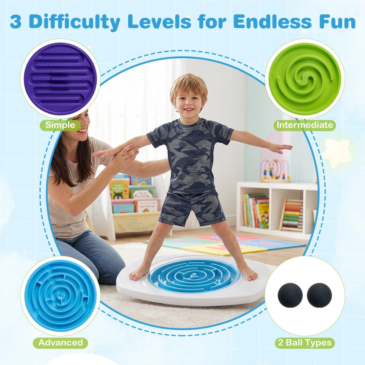 Kids balancing on a GBruno Store balance board maze with three difficulty levels, colorful maze design for fun and coordination.