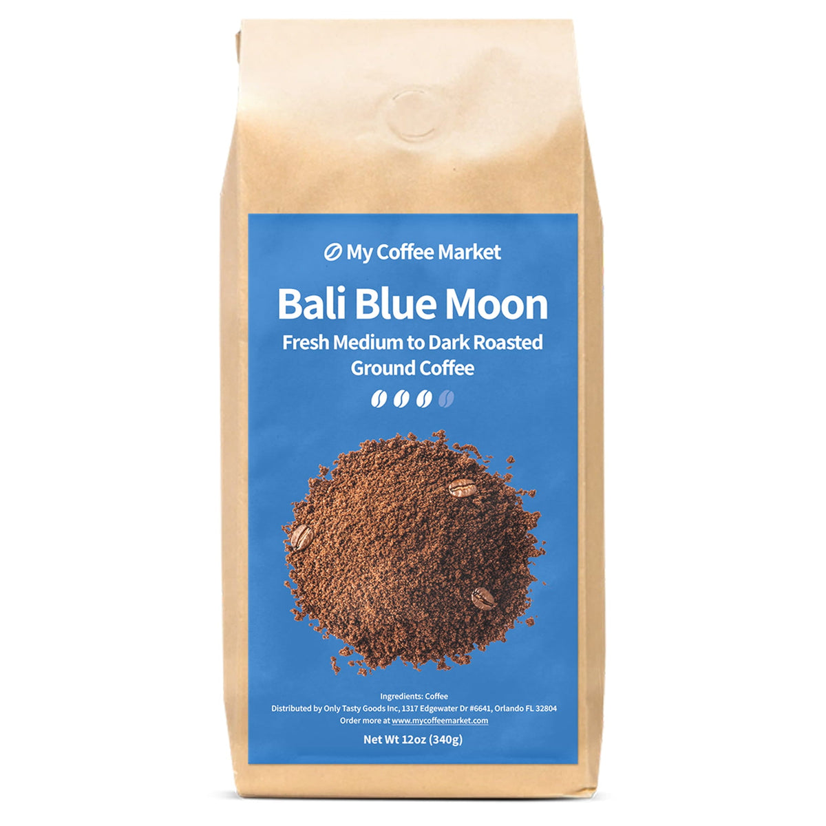 Bali Blue Moon medium to dark roast ground coffee in 12 oz package by My Coffee Market, showcasing the coffee grounds in a bag.