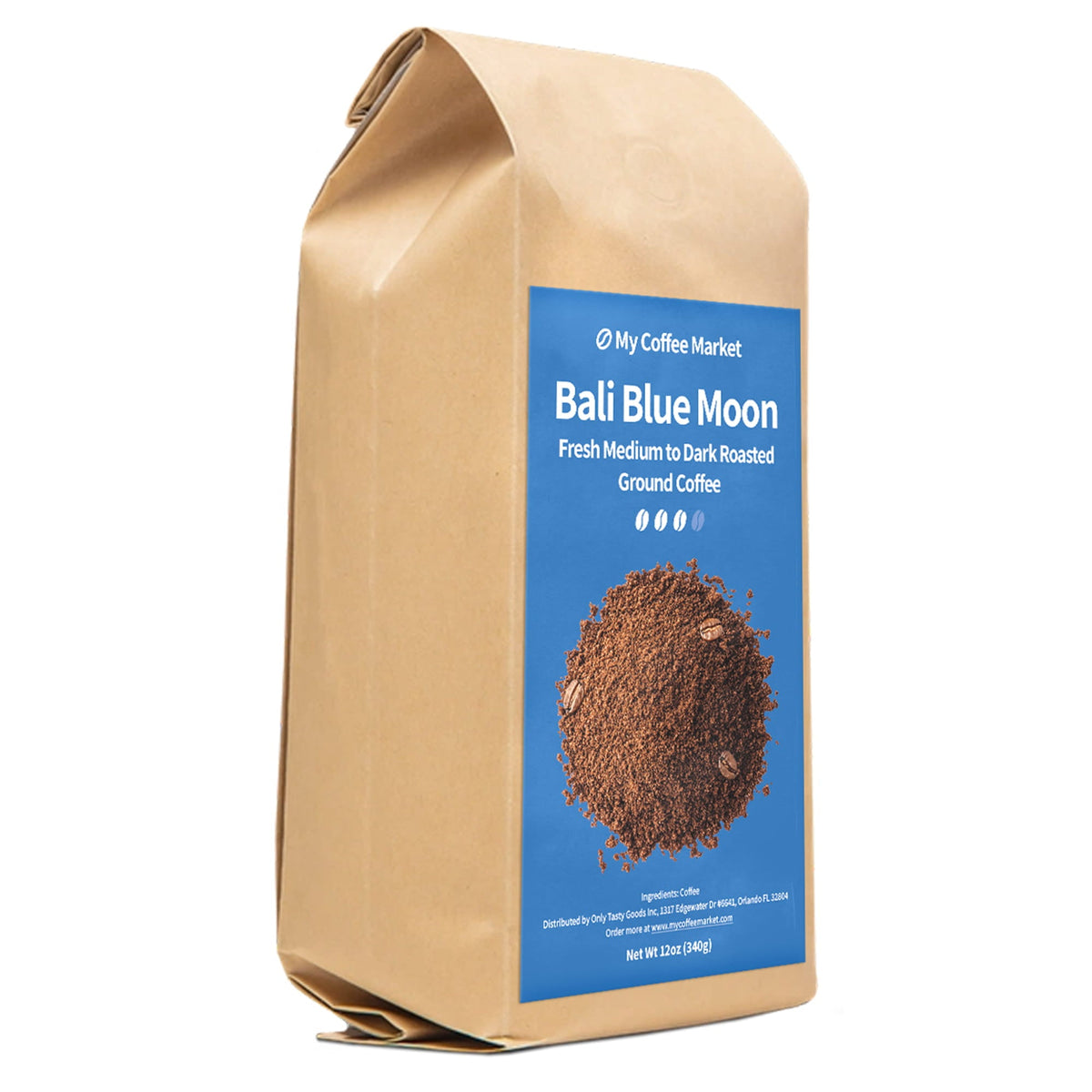 Bali Blue Moon medium to dark roast ground coffee in a 12 oz bag, brewed coffee beans from My Coffee Market.