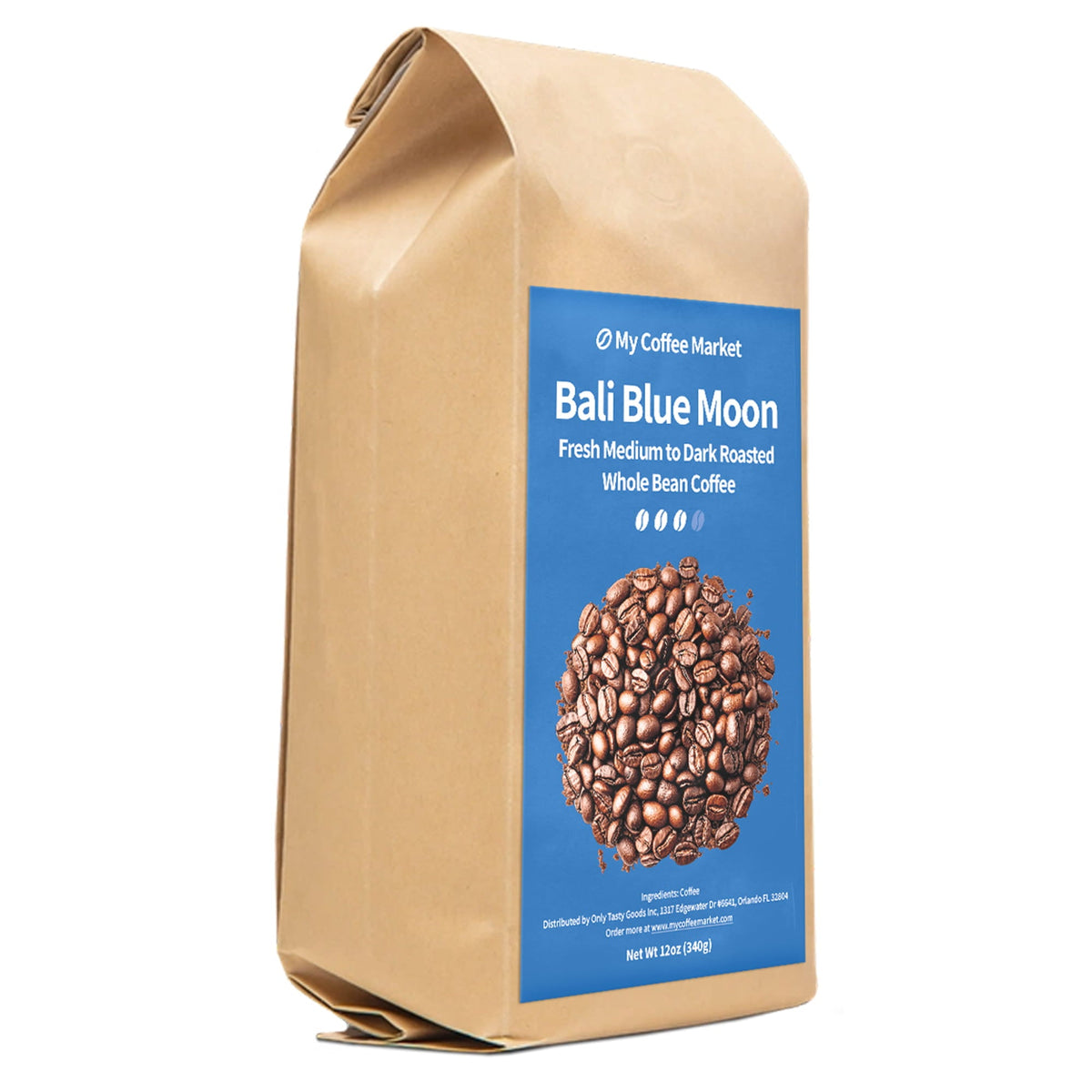 Bali Blue Moon medium to dark roast whole bean coffee in 12 oz bag by My Coffee Market with fresh roasted beans.