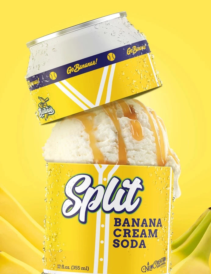 Bottle of Banana Cream Soda by New Creation Soda Works, showing the colorful label and fizzy beverage inside.