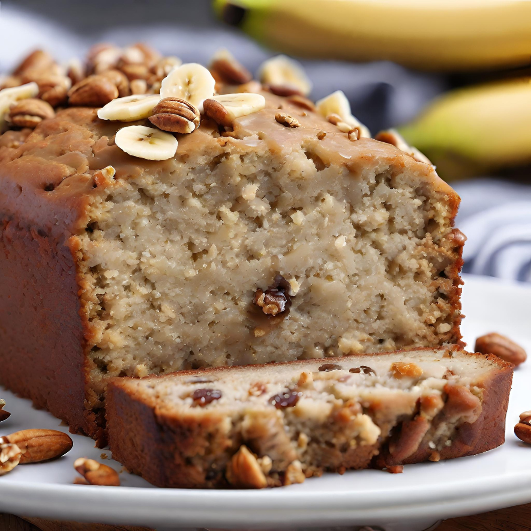 Banana nut cake by AmBari Nutrition, Protidiet foods, showing a slice of moist banana nut cake with walnuts on top.