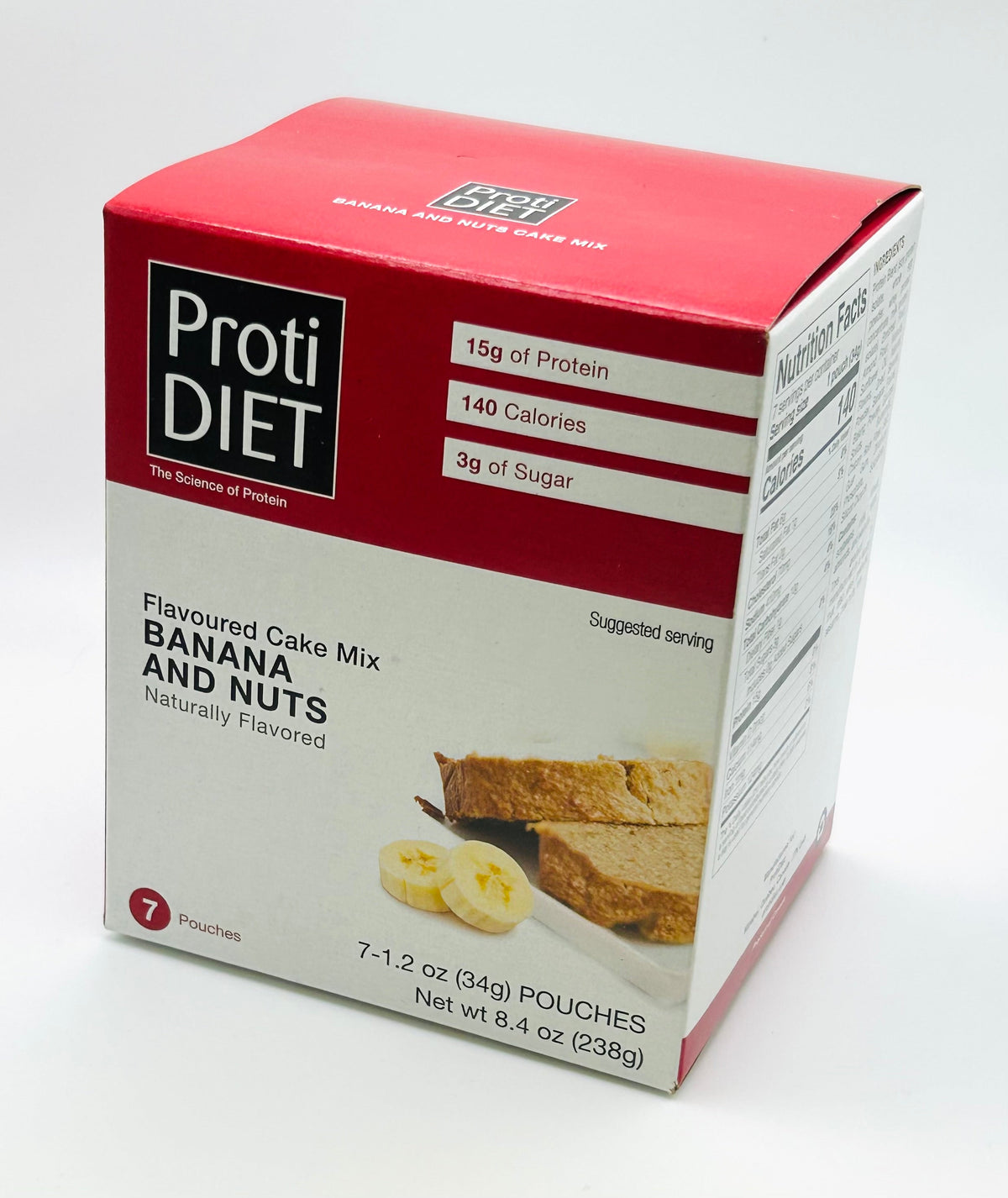 Slice of banana nut cake from AmBari Nutrition's Protidiet foods line, featuring ripe bananas and crunchy nuts on top.