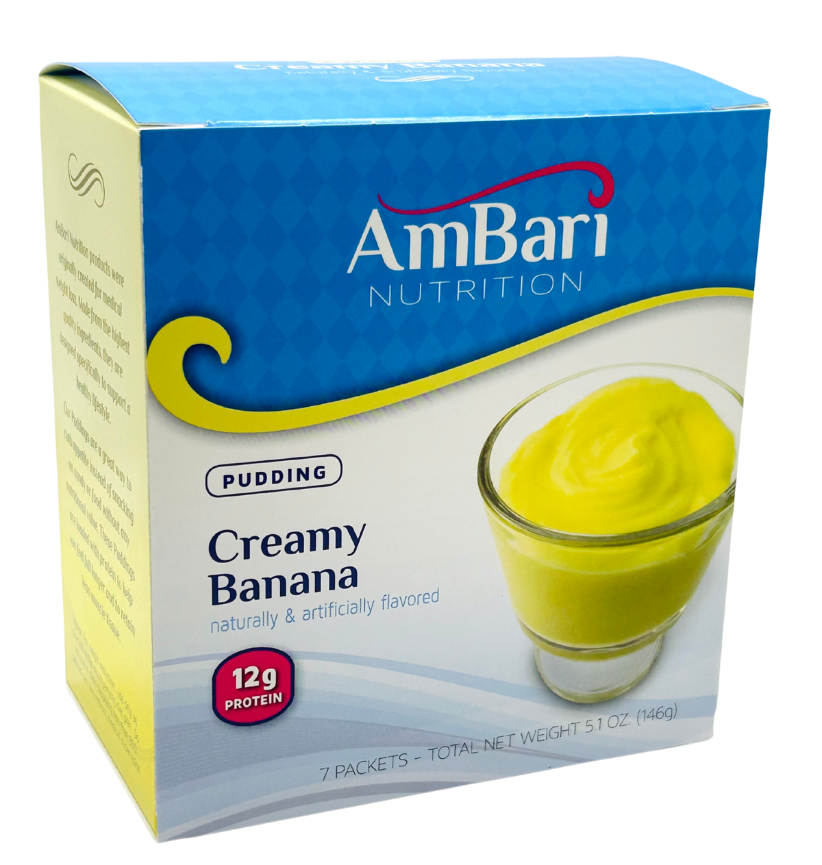 AmBari Nutrition banana creme pudding in a bowl, creamy banana dessert with a smooth texture and vanilla flavor.
