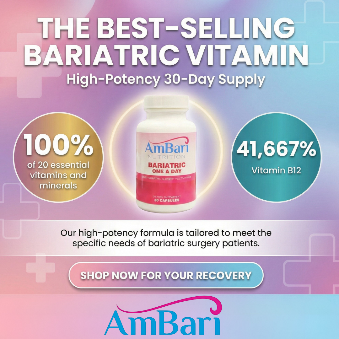 Bariatric One-A-Day Multivitamin supplement bottle by AmBari Nutrition, showing the label with capsules inside