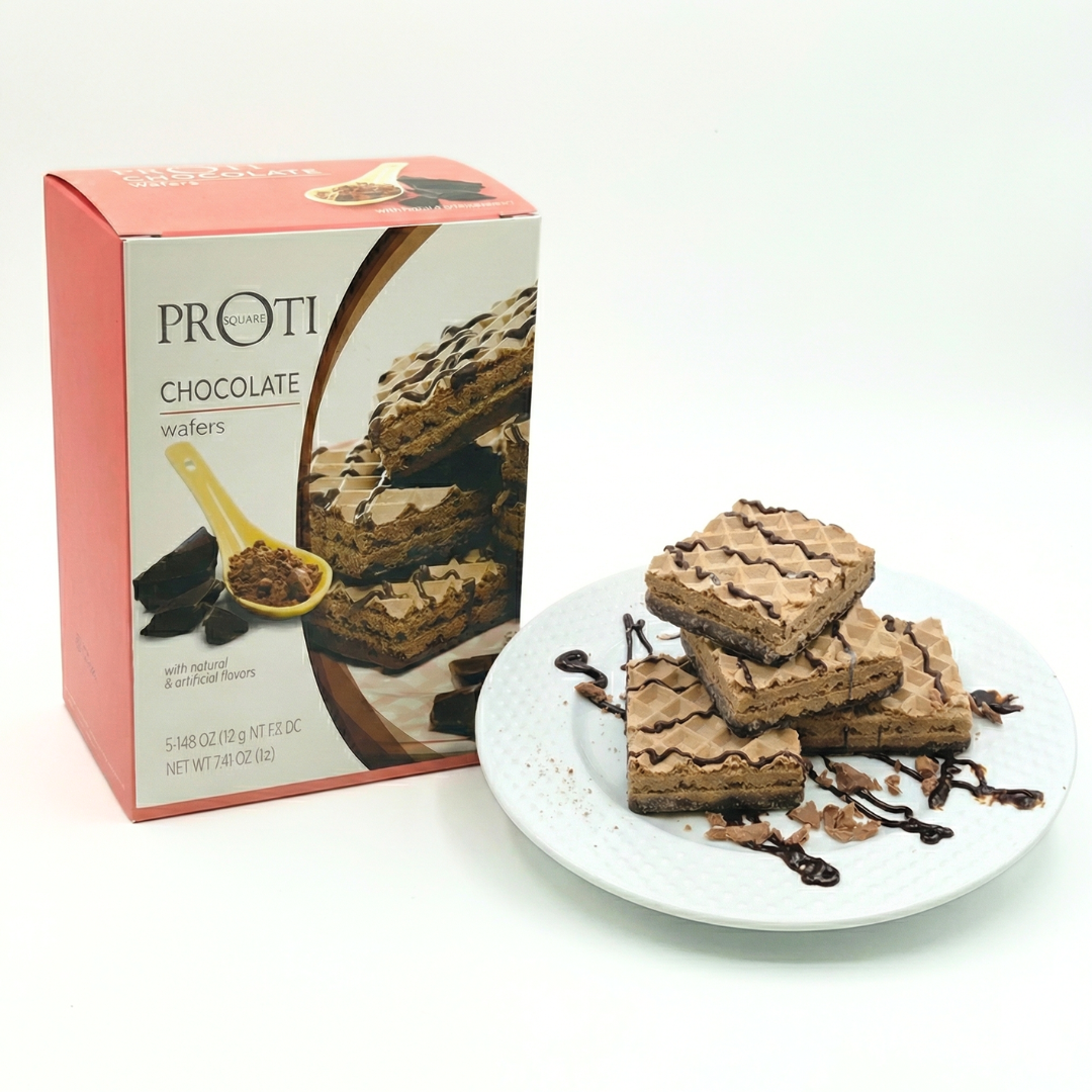 AmBari Nutrition Proti Wafer Squares protein bars with chocolate and wafer layers on a white background.