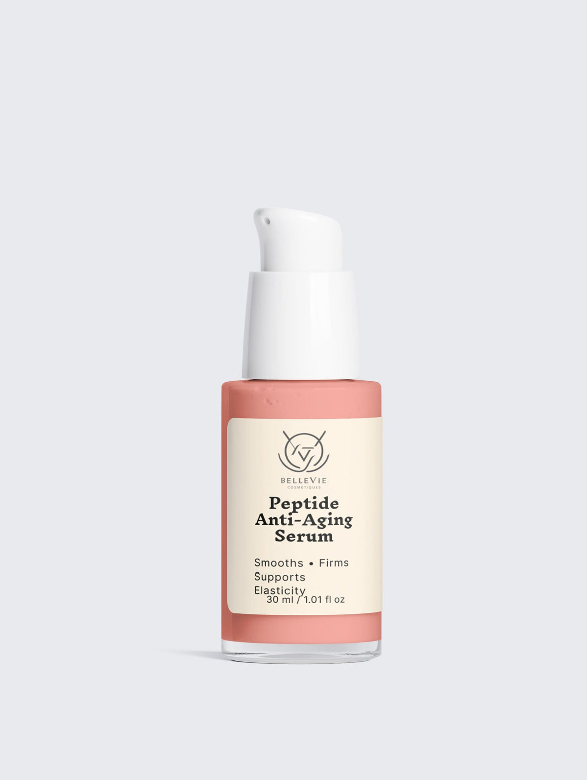 Belleviecosmetic peptide anti-aging serum in pink pump bottle with white box, on gold bokeh background with floating gold spheres.