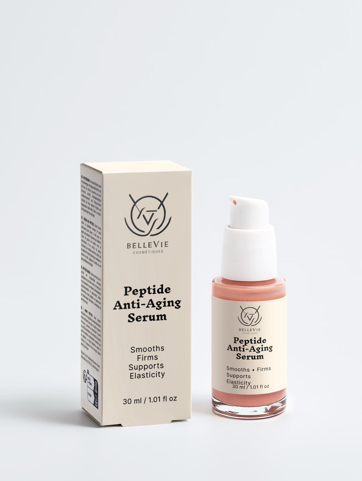 Belleviecosmetic peptide anti-aging serum in pink pump bottle with white box, displayed on gold silk background with molecular chain graphic.