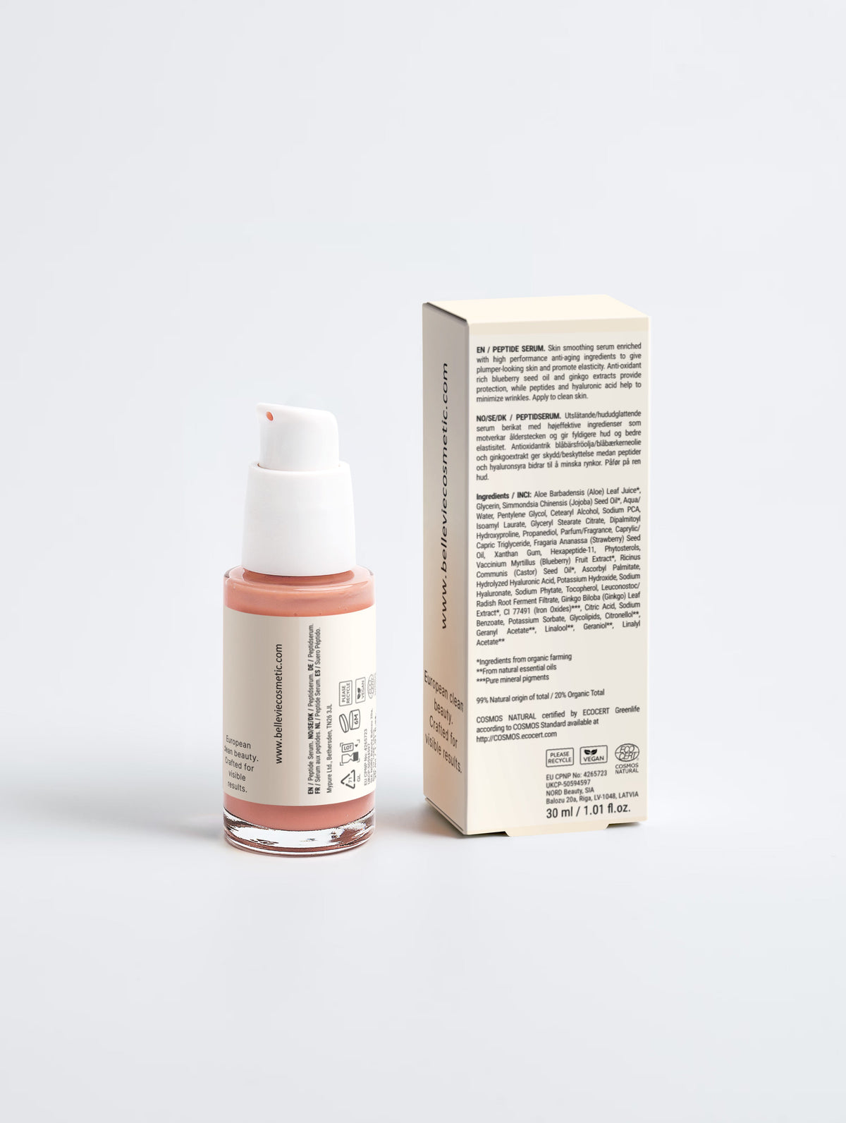 Belleviecosmetic peptide anti-aging serum bottle with pump and packaging on light gray background