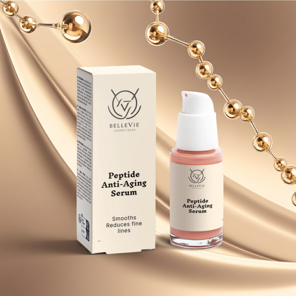 Belleviecosmetic peptide anti-aging serum 30ml with packaging displayed on a gold fabric background.