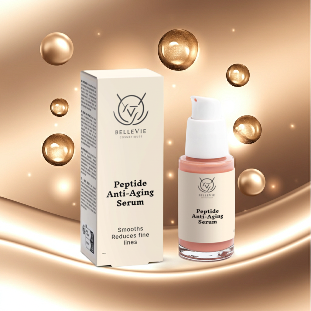 Belleviecosmetic peptide anti-aging serum bottle with packaging on warm-toned background, promoting smooth, firm, radiant skin.