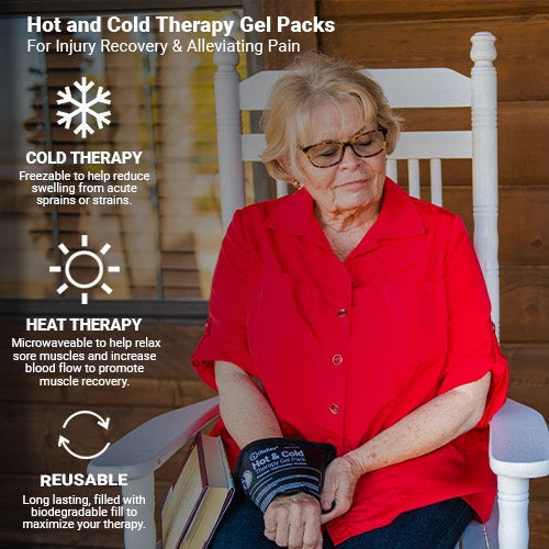 iReliev premium reusable hot and cold therapy gel pack with secure straps, showing flexible design for pain relief.