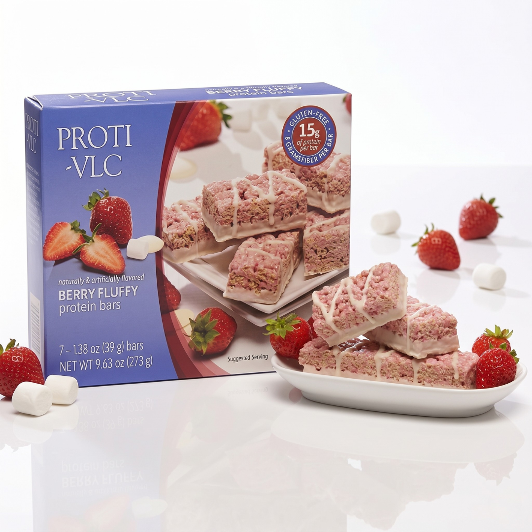 AmBari Nutrition Fluffy Berry Bar showing a soft, textured berry-flavored protein bar with vibrant berry pieces