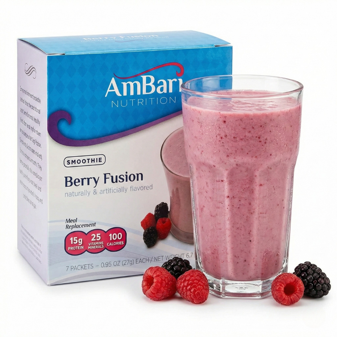 Berry Fusion smoothie shake by AmBari Nutrition with 15g protein, featuring a vibrant berry blend in a clear glass.