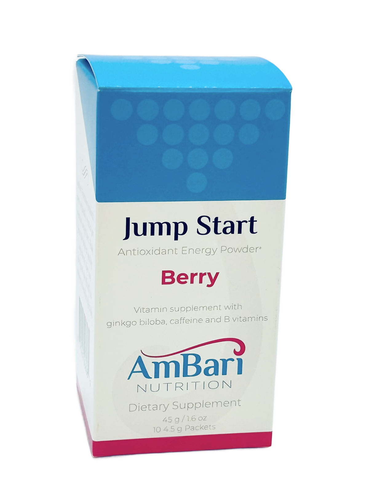 AmBari Nutrition Berry Jump Start Energy Drink Mix box, powdered energy drink with berry flavor, expiration date 7/31/2026