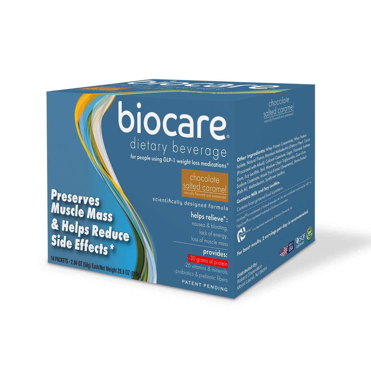 Biocare 30g protein chocolate salted caramel dietary beverage container with 14 servings, showing the product packaging and label.