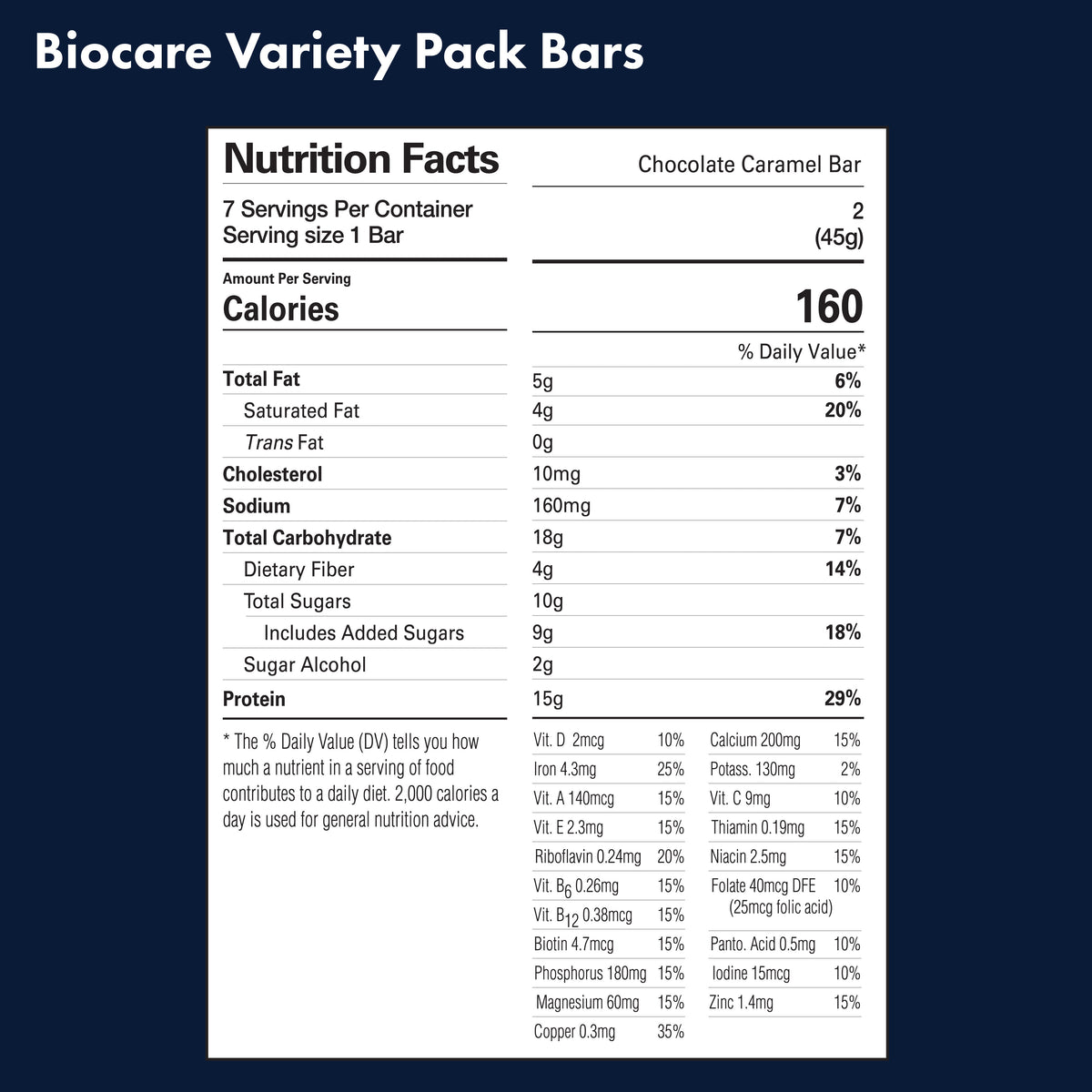 Assorted Biocare 15G protein bars variety pack with seven different flavors arranged in a display box.