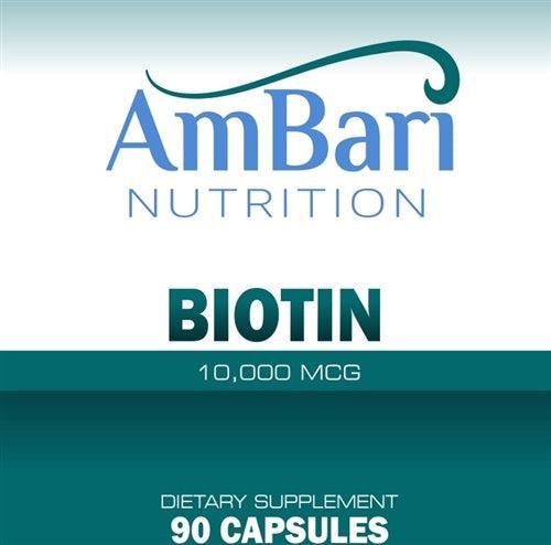 AmBari Biotin 10mg supplement bottle with capsules, dietary supplement for hair, skin, and nail health by AmBari Nutrition