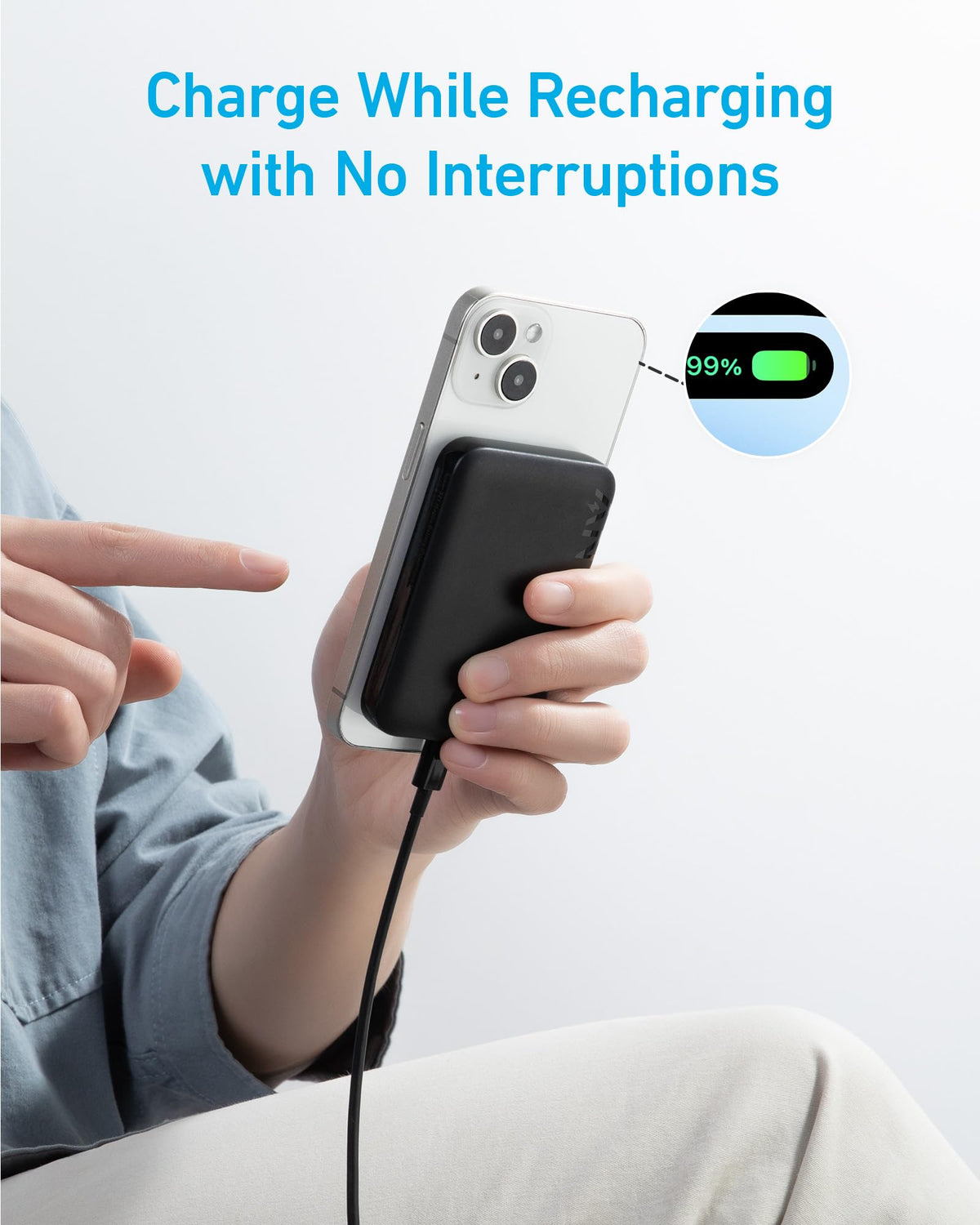 Black Anker MagGo Battery PowerCore Magnetic 5K portable charger for magnetic charging devices.