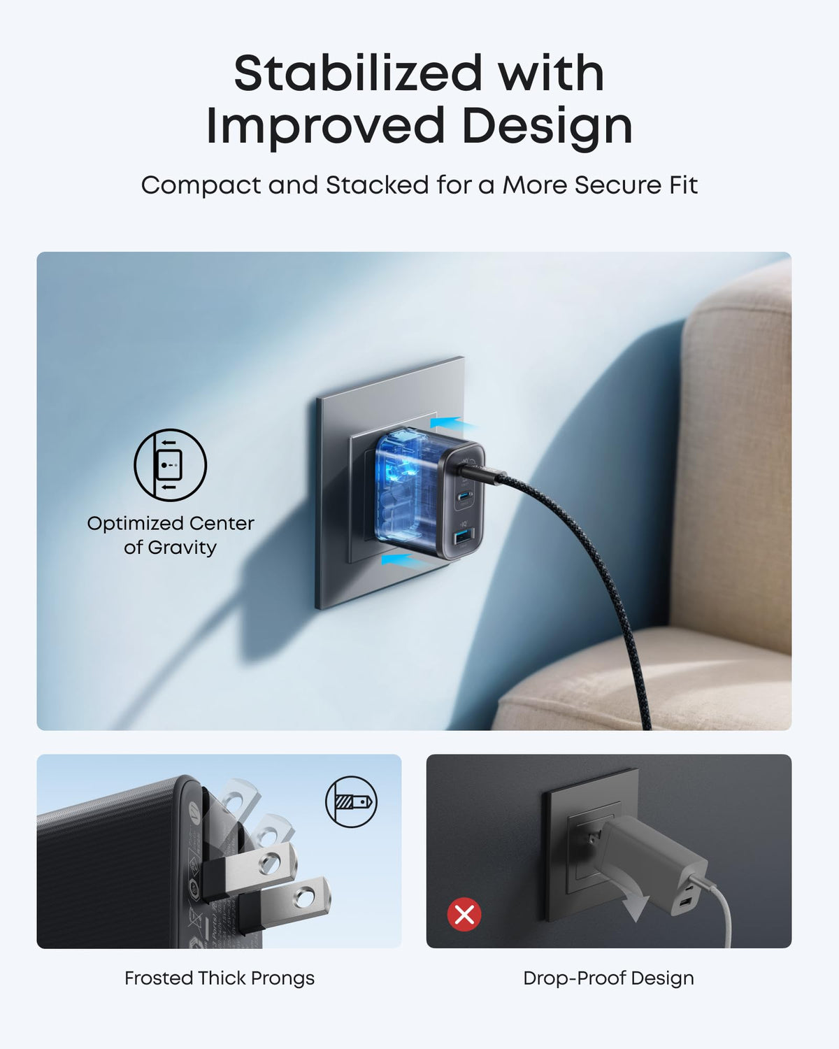 Anker Nano 70W charger with three ports in black, compact power adapter for fast charging multiple devices.