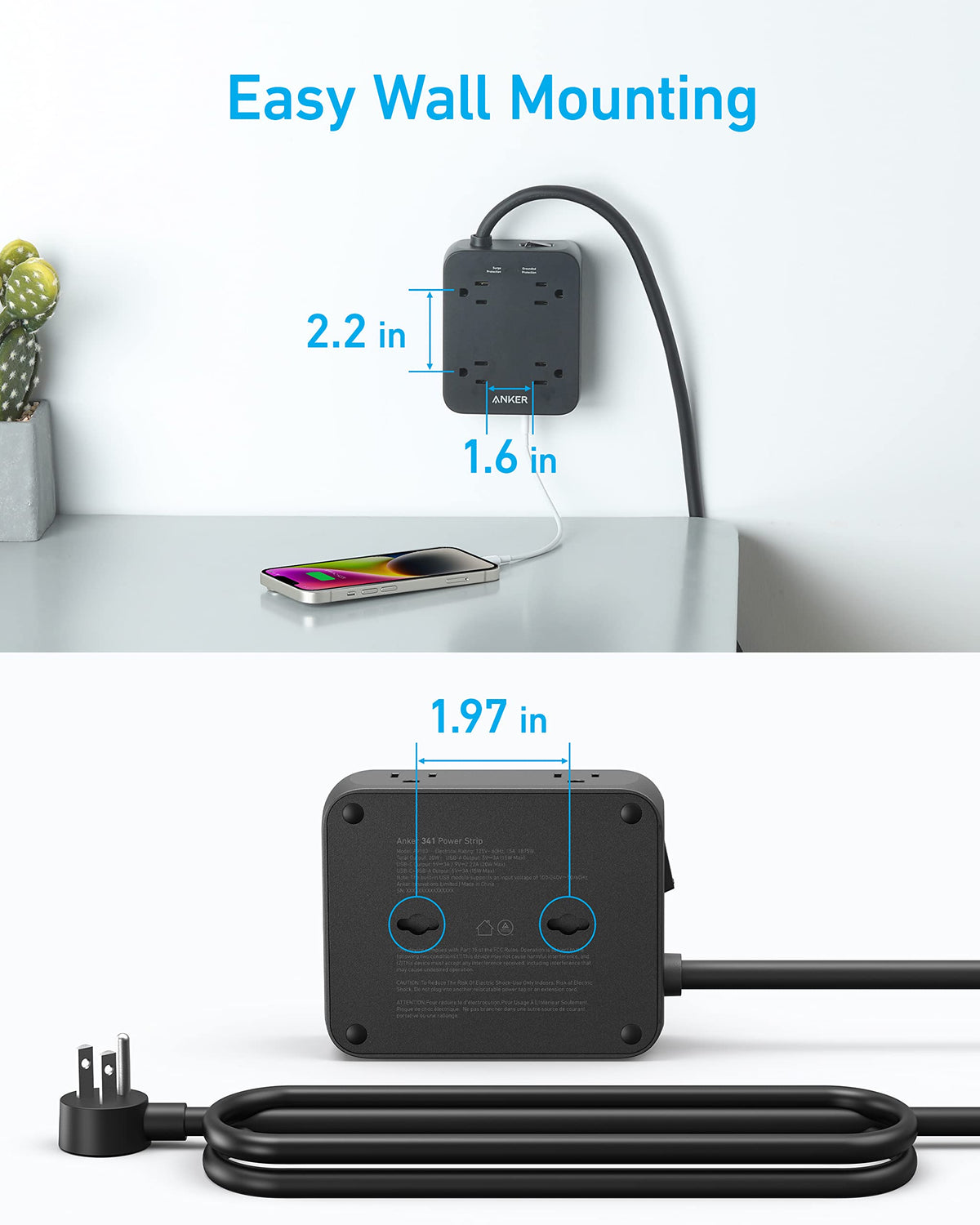 Black Anker 341 USB power strip with multiple charging ports and a round extension cord design for convenient device charging.