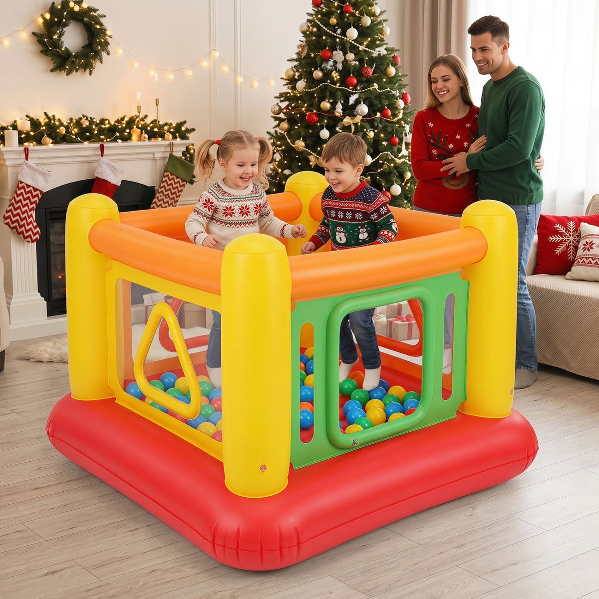 Colorful inflatable bounce house for kids with transparent side walls, designed for outdoor play by GBruno Store.