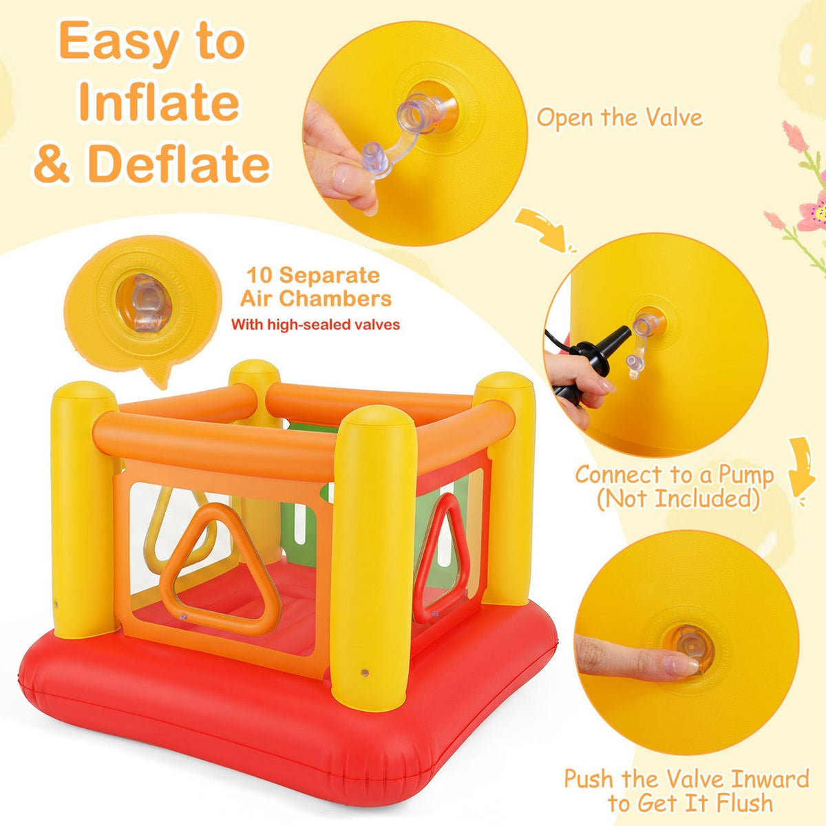 Colorful inflatable bounce house for kids with transparent side walls, featuring bright design and safety mesh openings.