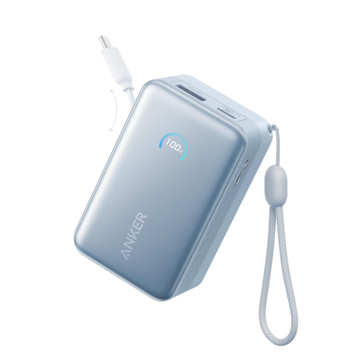 Blue Anker Nano 10K 45W power bank with built-in retractable USB-C cable, compact portable charging device.