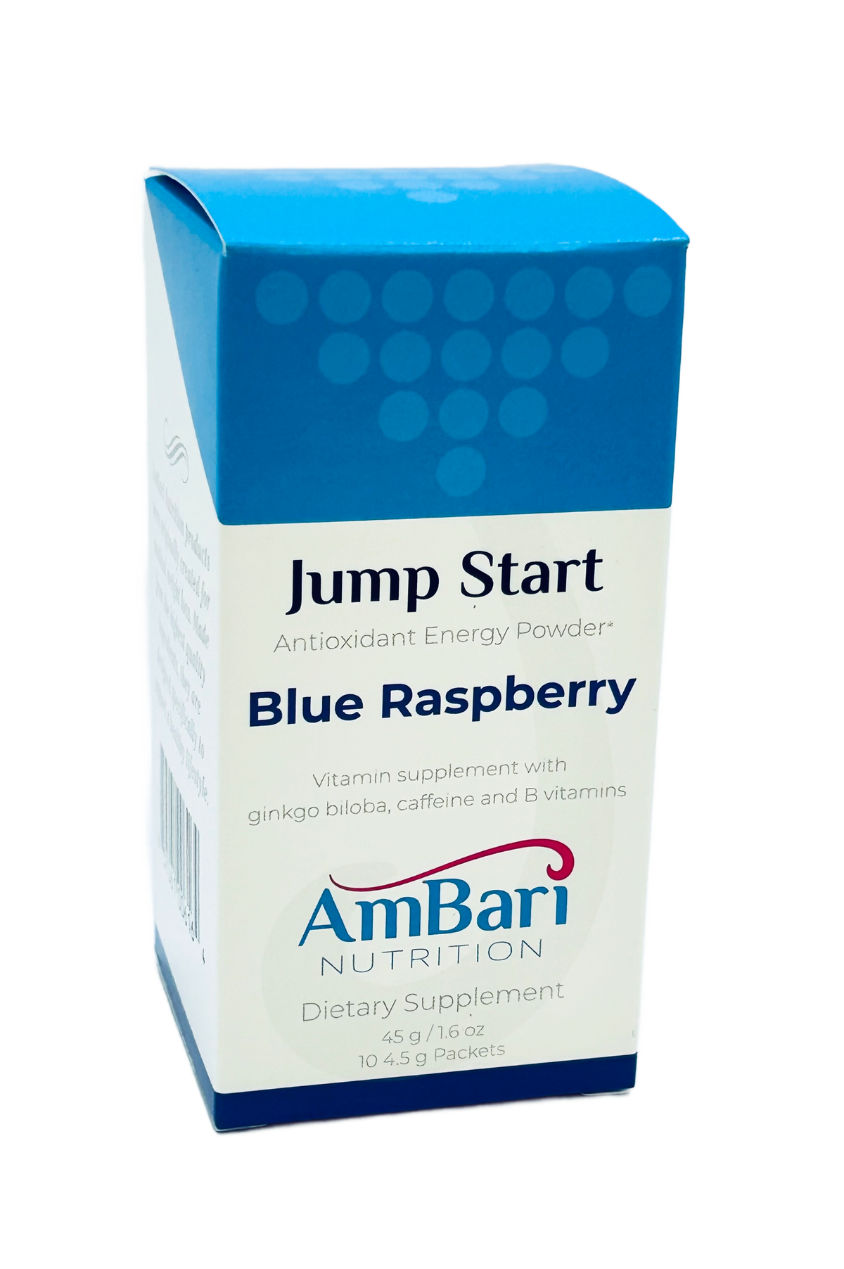 Blue raspberry flavored Jump Start Energy Drink Mix by AmBari Nutrition, showing the powdered drink mix in a container.
