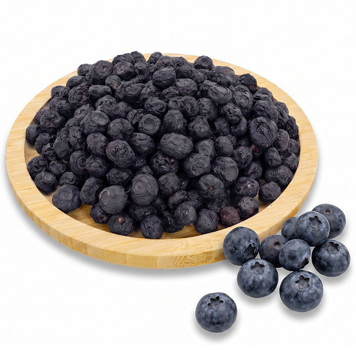 Freeze-dried Grade A blueberries from VFD.US, single-ingredient fruit ideal for snacks, shown in a close-up image.