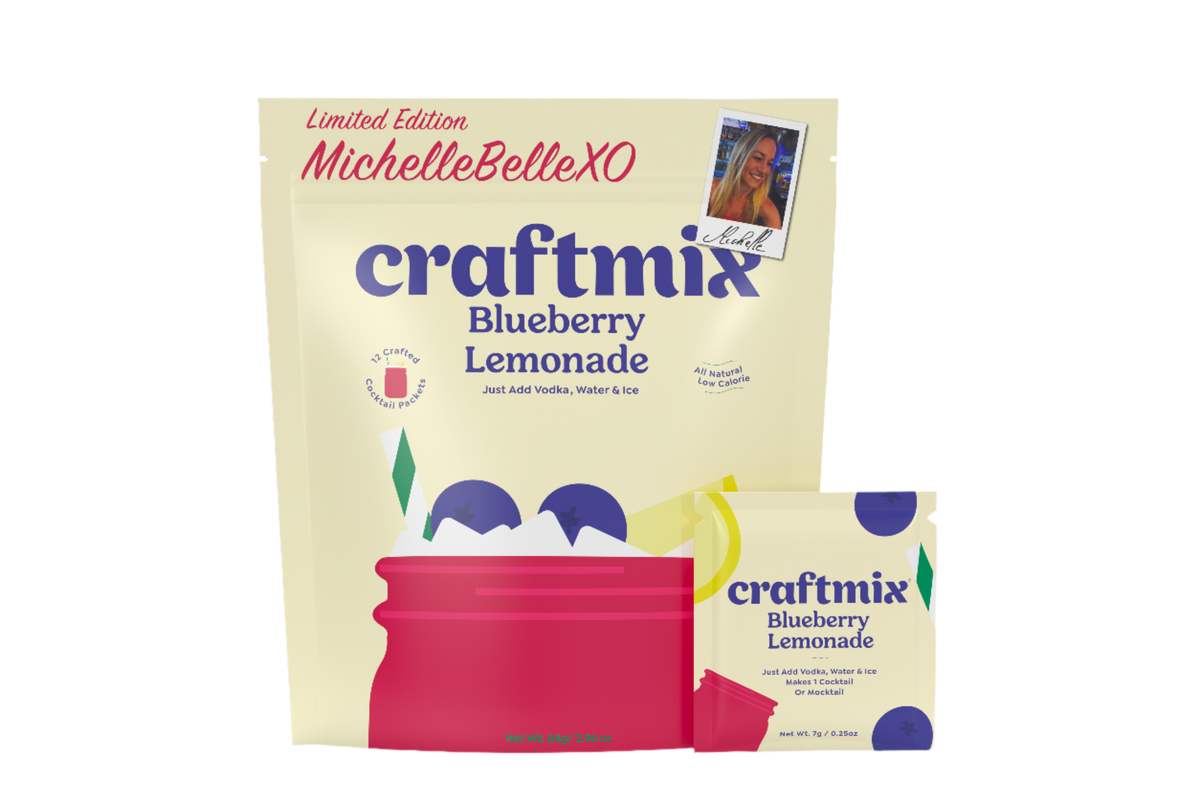 Craftmix Blueberry Lemonade cocktail mix 24 pack, showing vibrant blue and yellow lemon flavors in the packaging.