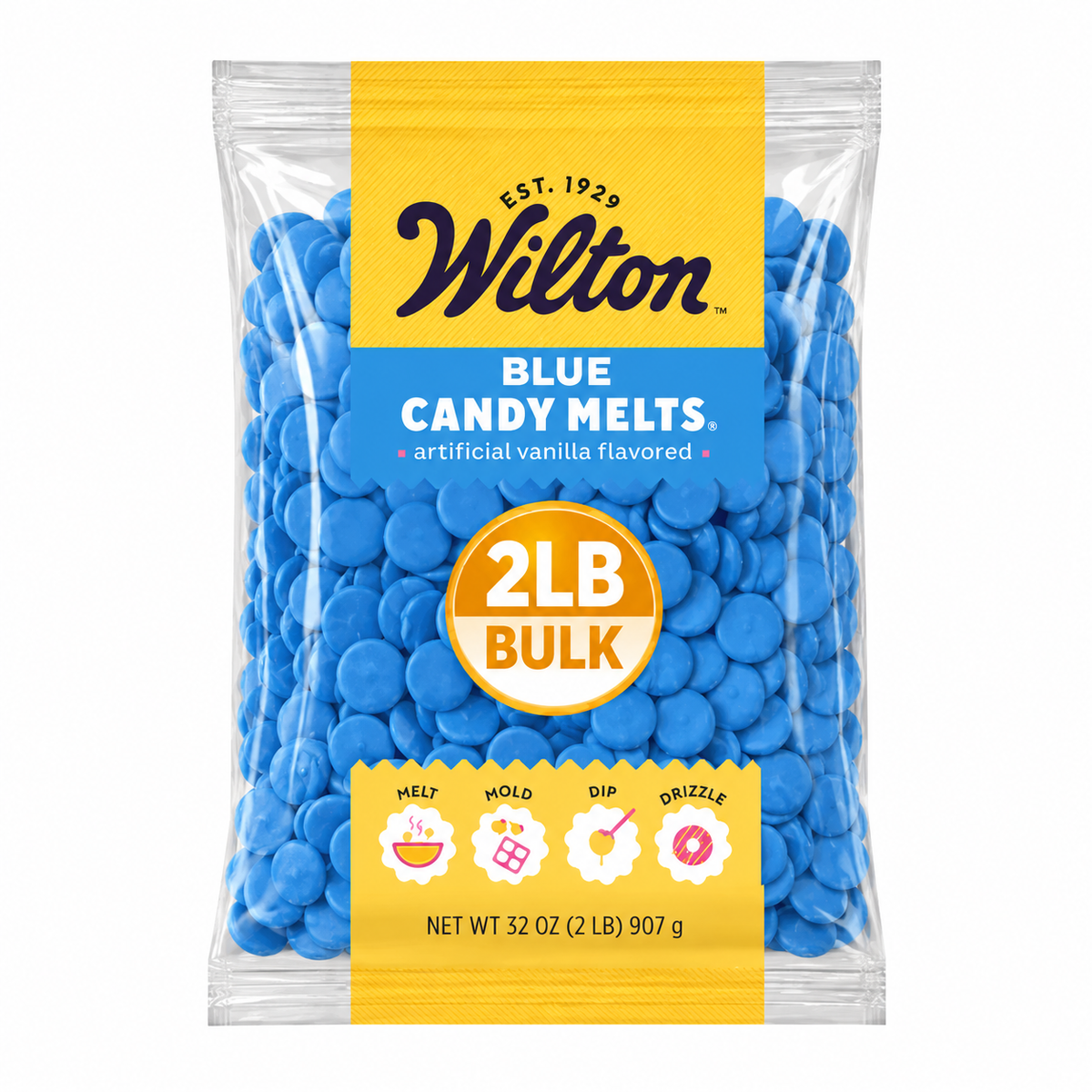 Blue Wilton chocolate confectionery melting wafers in a bulk value bag, perfect for decorating and candy-making.