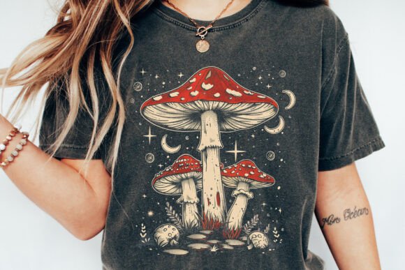 Unisex boho retro hippie T-shirt with mushroom graphic in natural bamboo and cotton, by Spun Bamboo.