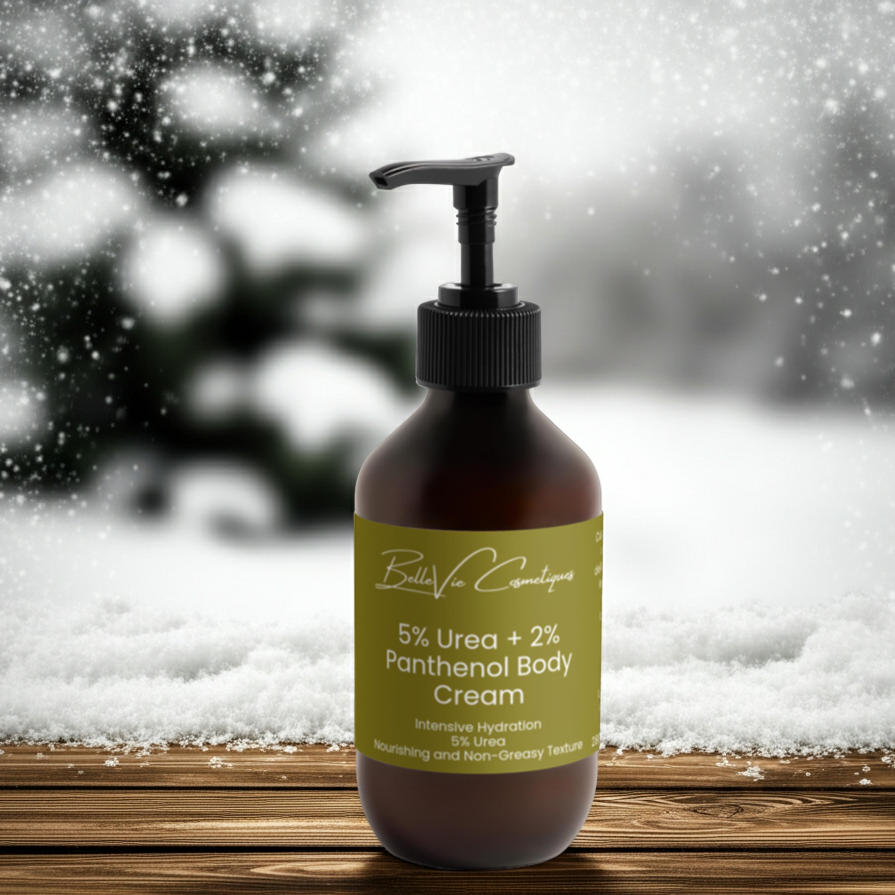 Bottle of Belleviecosmetic 5% Urea and 2% Panthenol body cream with snowy background, highlighting intensive hydration and skin barrier repair.