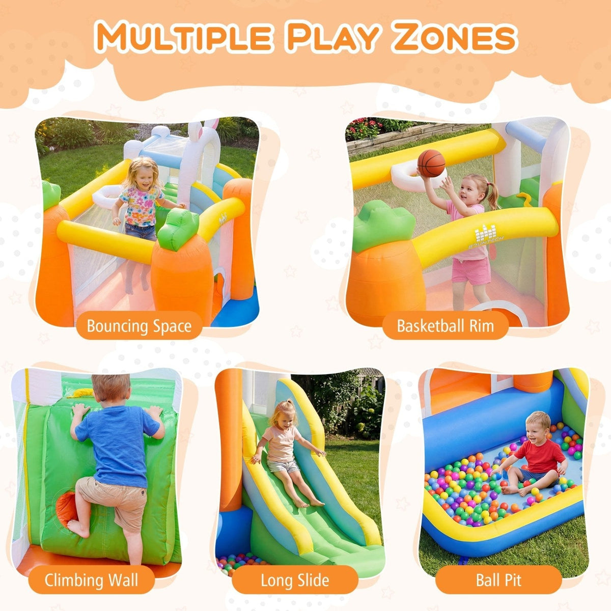 Colorful bounce house for kids by GBruno Store with vibrant inflatable walls, slide, and fun play area.