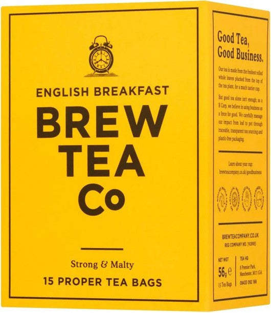 Brew Tea Co English Breakfast tea bags in a 75g package, featuring 15 proper tea bags for a classic breakfast tea experience.