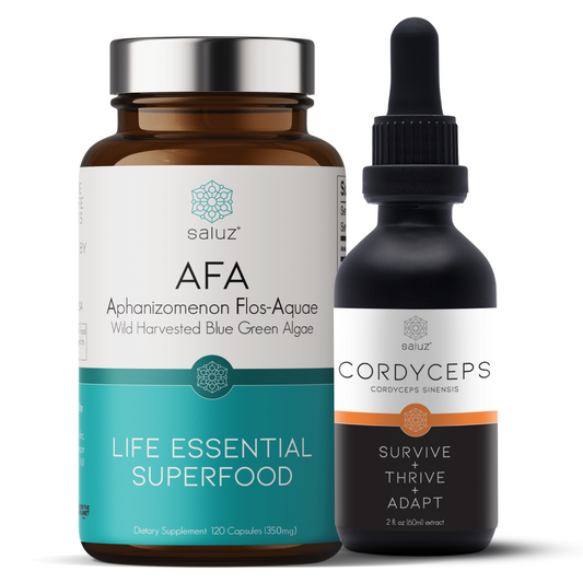 Saluz.io vitamins and supplements bundle for energy, performance, longevity, and weight loss, featuring various supplement bottles and packaging.