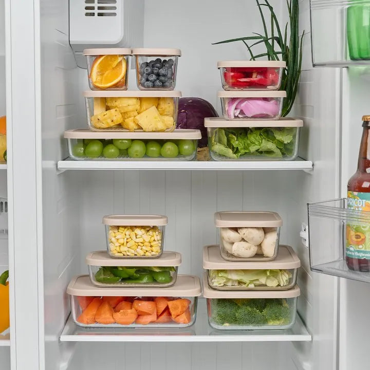 Dura Living 12-piece glass food storage set with airtight lids, including 25.35oz and 40.57oz containers, filled with cashew cream.