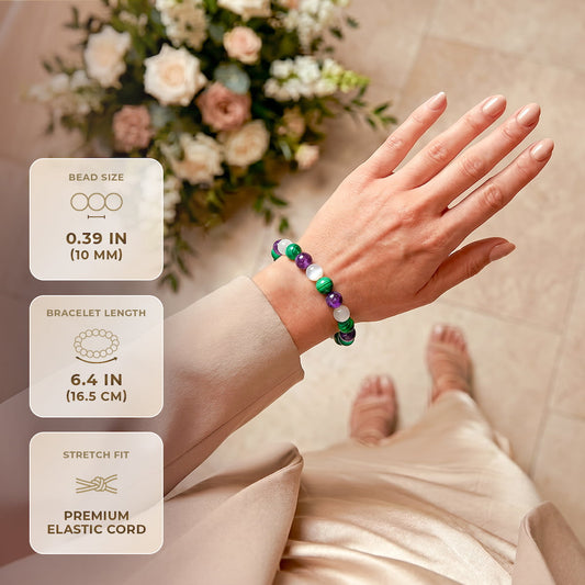 Close-up of The Triple Healing Bracelet by Conscious Items, featuring interconnected beads in calming hues.